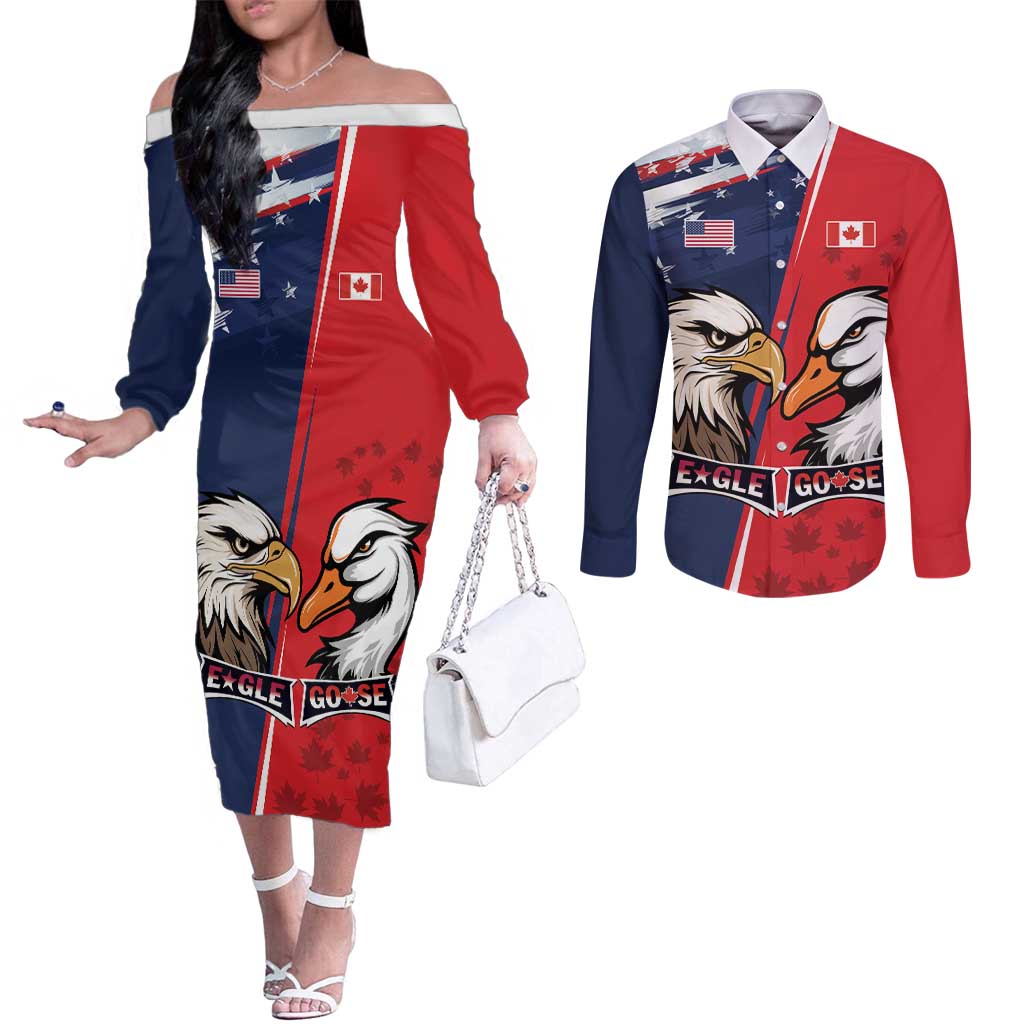 Personalized Canada Goose x USA Band Eagle Faced Off Couples Matching Off The Shoulder Long Sleeve Dress and Long Sleeve Button Shirt