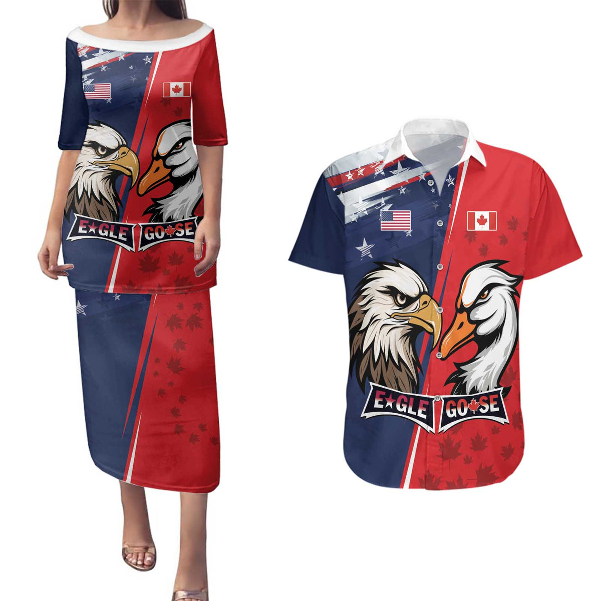 Personalized Canada Goose x USA Band Eagle Faced Off Couples Matching Puletasi and Hawaiian Shirt