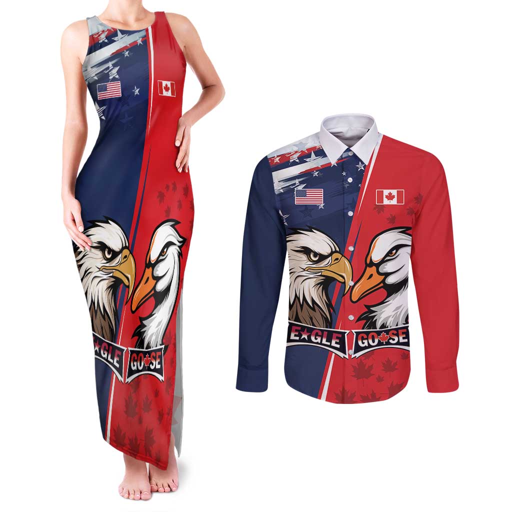 Personalized Canada Goose x USA Band Eagle Faced Off Couples Matching Tank Maxi Dress and Long Sleeve Button Shirt