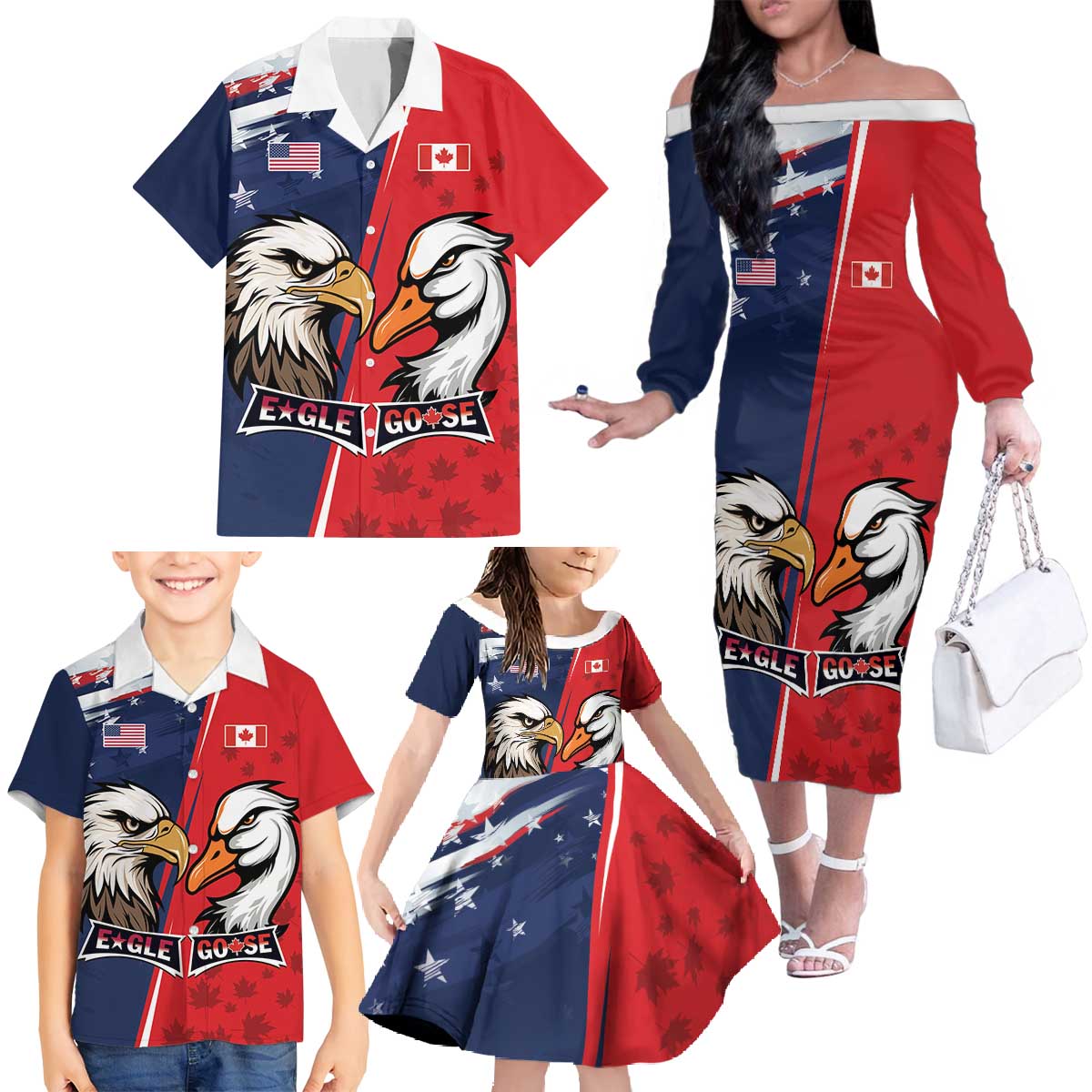 Personalized Canada Goose x USA Band Eagle Faced Off Family Matching Off The Shoulder Long Sleeve Dress and Hawaiian Shirt
