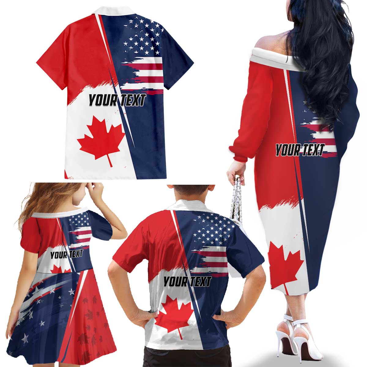 Personalized Canada Goose x USA Band Eagle Faced Off Family Matching Off The Shoulder Long Sleeve Dress and Hawaiian Shirt