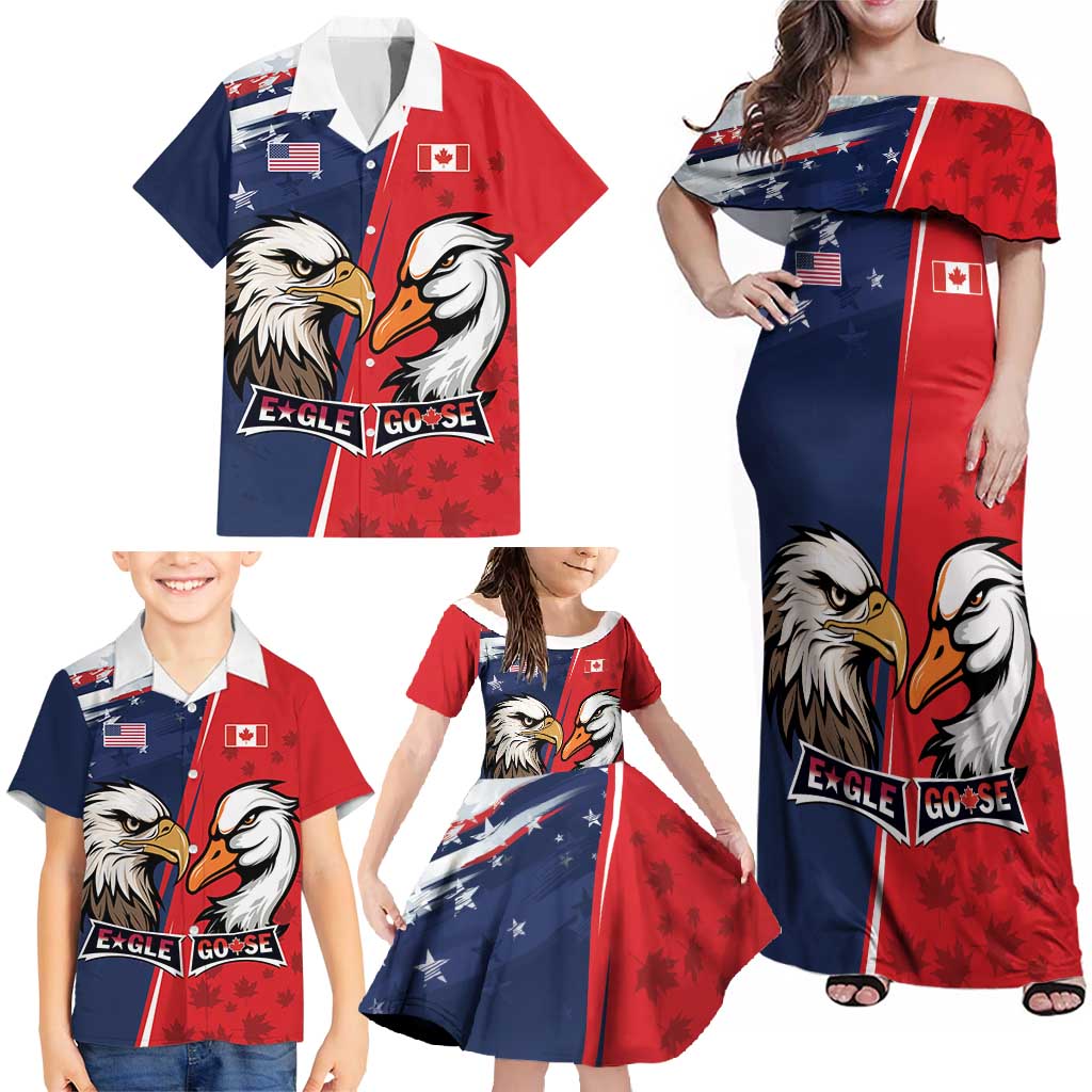 Personalized Canada Goose x USA Band Eagle Faced Off Family Matching Off Shoulder Maxi Dress and Hawaiian Shirt