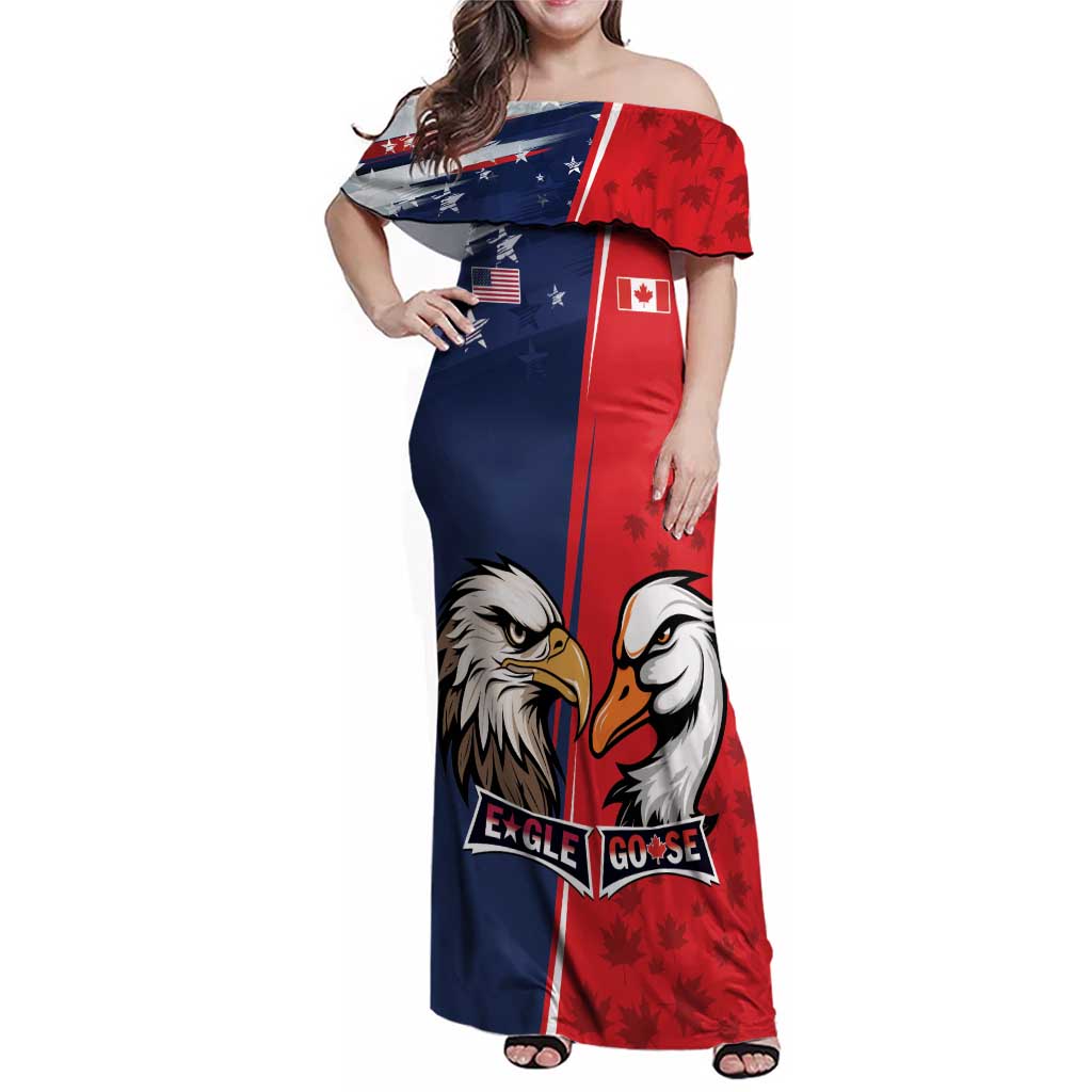 Personalized Canada Goose x USA Band Eagle Faced Off Family Matching Off Shoulder Maxi Dress and Hawaiian Shirt