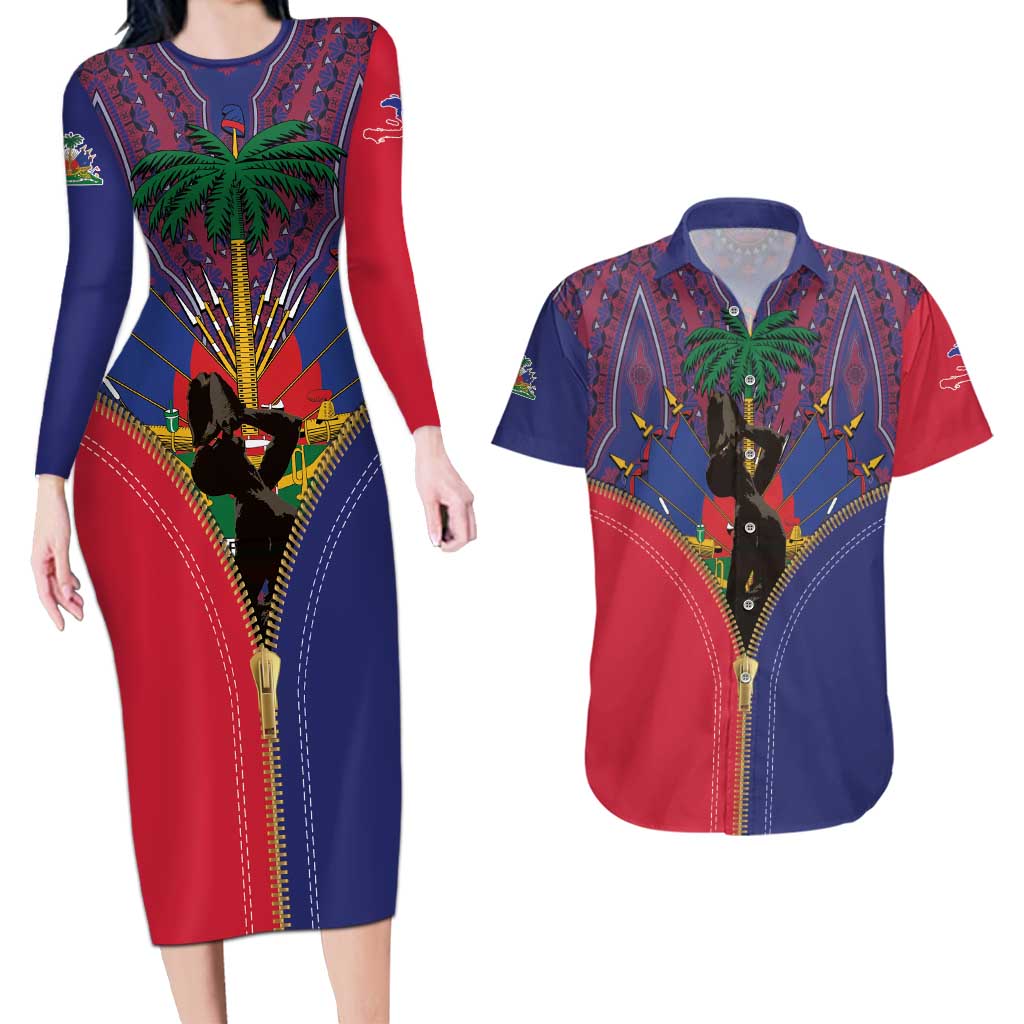 Haiti Heritage Month Couples Matching Long Sleeve Bodycon Dress and Hawaiian Shirt Zipper Stylized