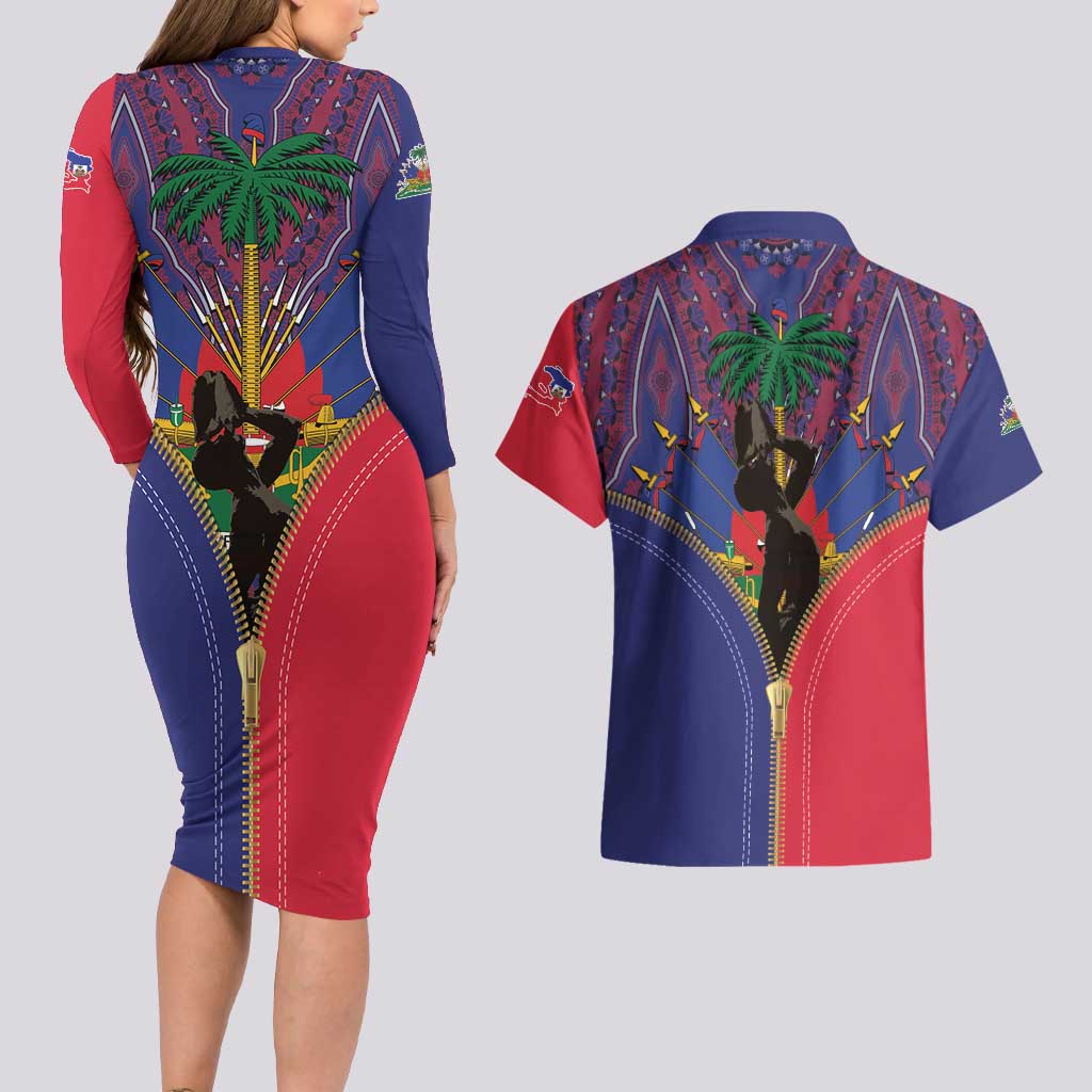 Haiti Heritage Month Couples Matching Long Sleeve Bodycon Dress and Hawaiian Shirt Zipper Stylized