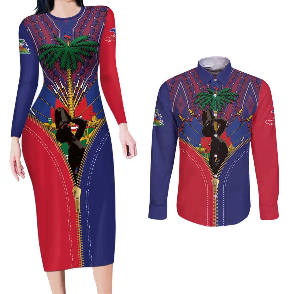 Haiti Heritage Month Couples Matching Long Sleeve Bodycon Dress and Long Sleeve Button Shirt Zipper Stylized