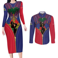 Haiti Heritage Month Couples Matching Long Sleeve Bodycon Dress and Long Sleeve Button Shirt Zipper Stylized