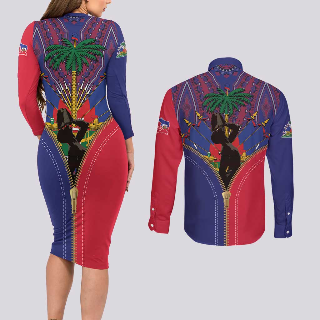 Haiti Heritage Month Couples Matching Long Sleeve Bodycon Dress and Long Sleeve Button Shirt Zipper Stylized