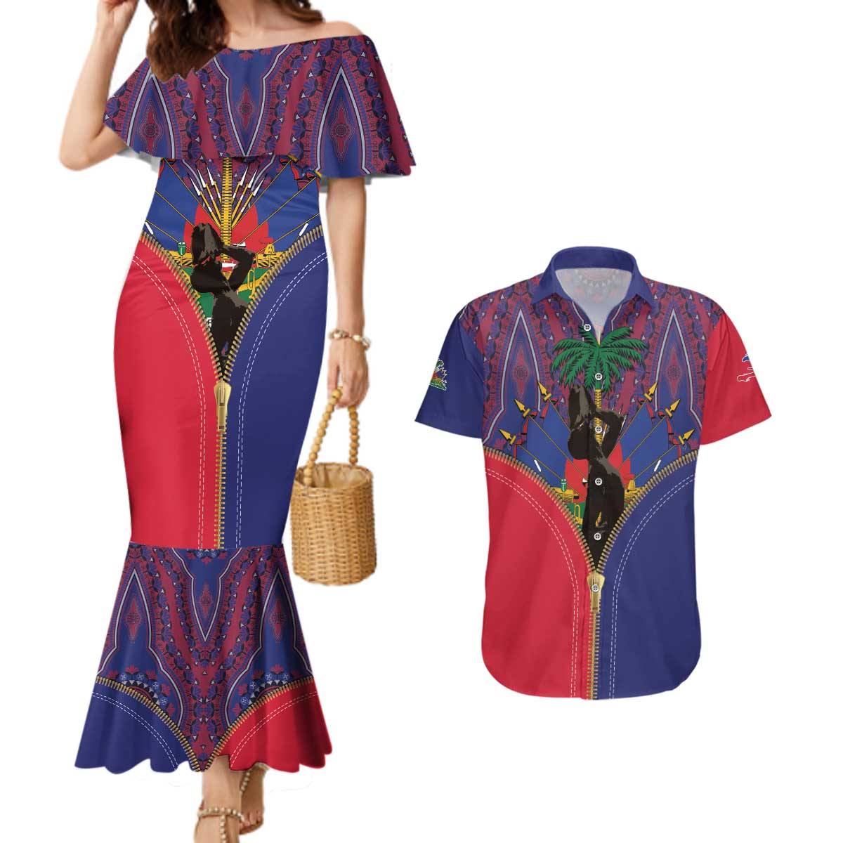 Haiti Heritage Month Couples Matching Mermaid Dress and Hawaiian Shirt Zipper Stylized