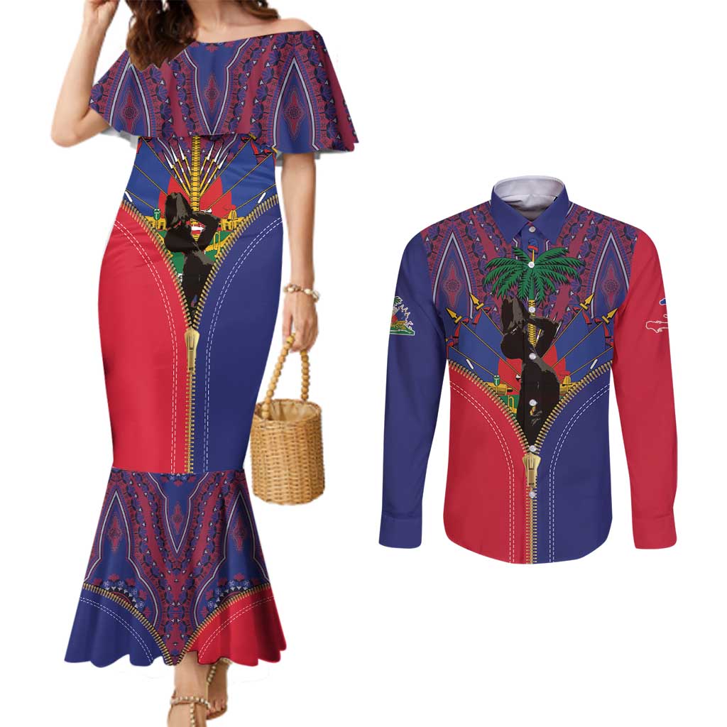 Haiti Heritage Month Couples Matching Mermaid Dress and Long Sleeve Button Shirt Zipper Stylized