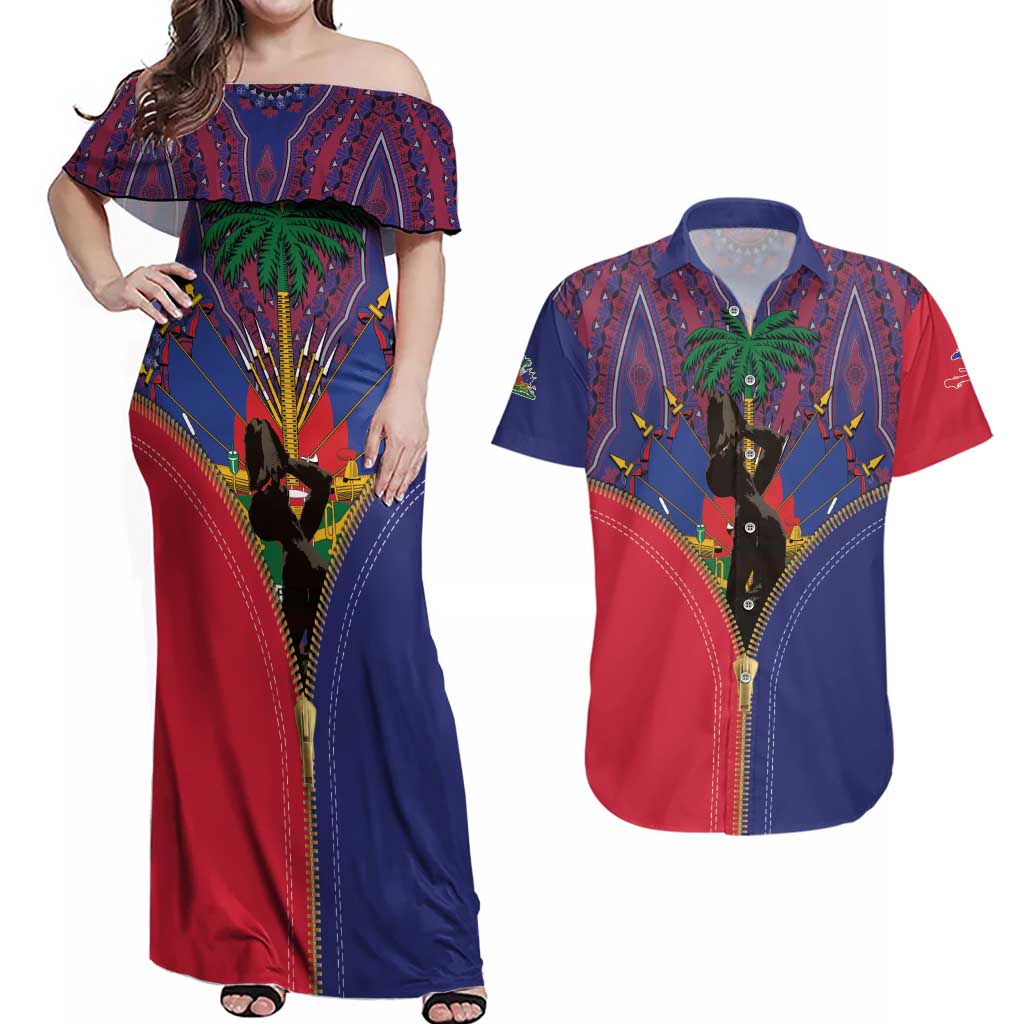 Haiti Heritage Month Couples Matching Off Shoulder Maxi Dress and Hawaiian Shirt Zipper Stylized