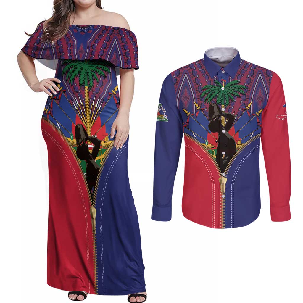 Haiti Heritage Month Couples Matching Off Shoulder Maxi Dress and Long Sleeve Button Shirt Zipper Stylized