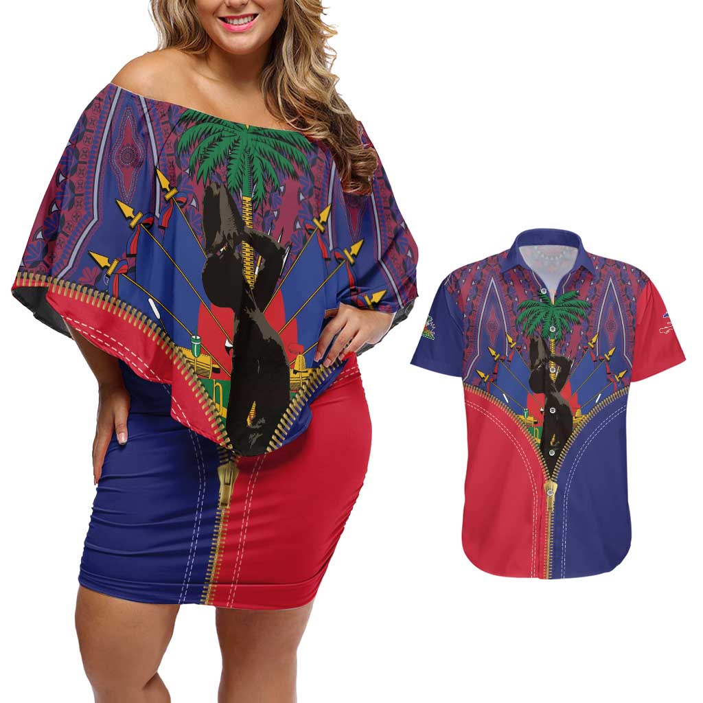 Haiti Heritage Month Couples Matching Off Shoulder Short Dress and Hawaiian Shirt Zipper Stylized