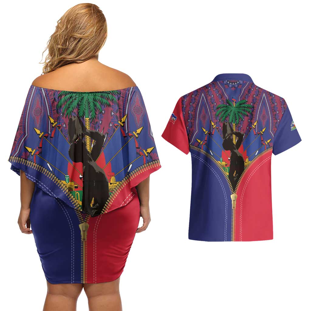 Haiti Heritage Month Couples Matching Off Shoulder Short Dress and Hawaiian Shirt Zipper Stylized