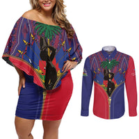 Haiti Heritage Month Couples Matching Off Shoulder Short Dress and Long Sleeve Button Shirt Zipper Stylized