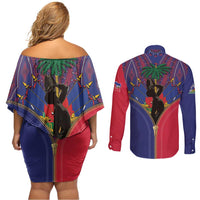 Haiti Heritage Month Couples Matching Off Shoulder Short Dress and Long Sleeve Button Shirt Zipper Stylized
