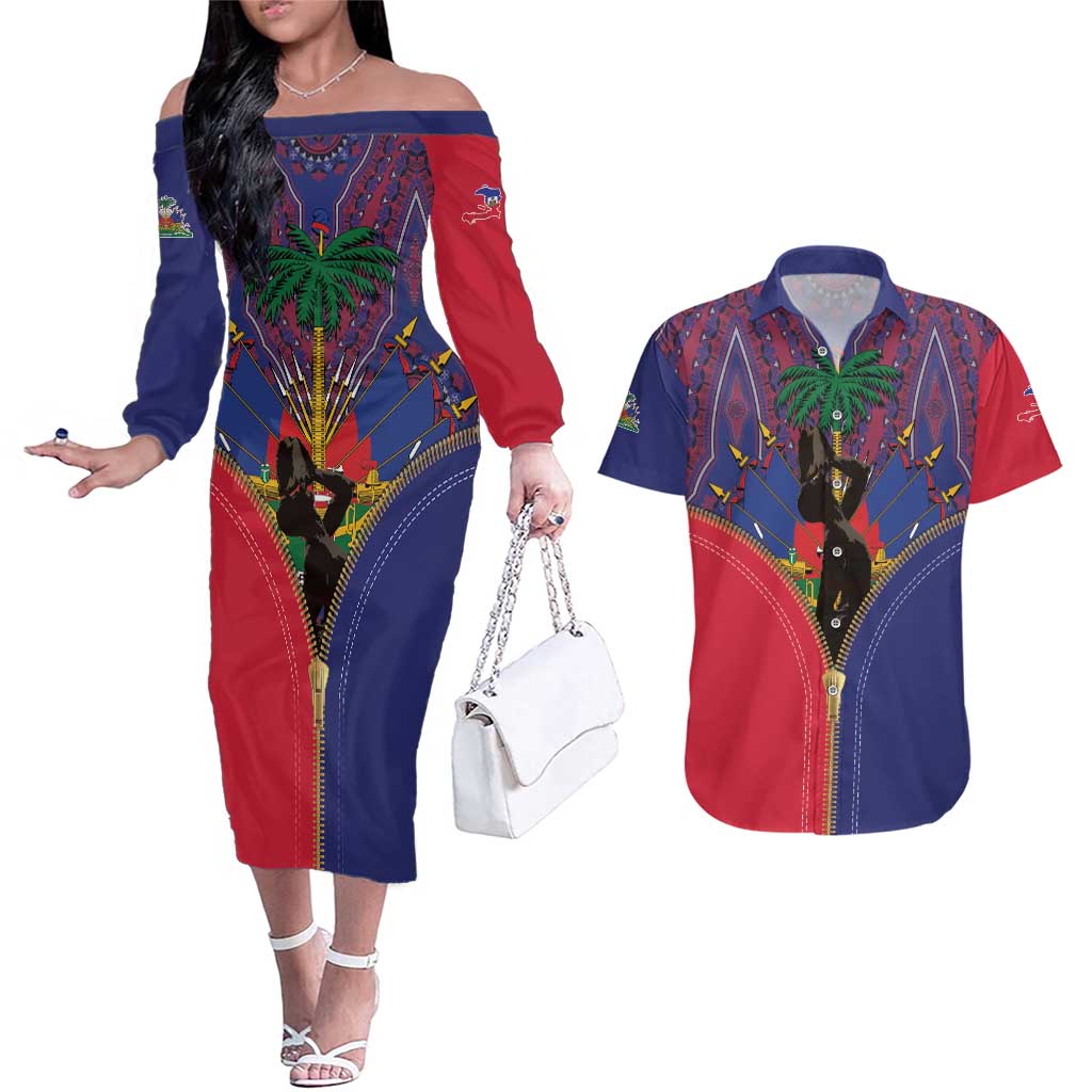 Haiti Heritage Month Couples Matching Off The Shoulder Long Sleeve Dress and Hawaiian Shirt Zipper Stylized