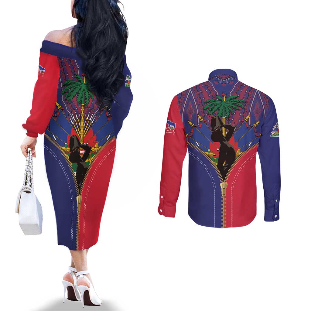 Haiti Heritage Month Couples Matching Off The Shoulder Long Sleeve Dress and Long Sleeve Button Shirt Zipper Stylized