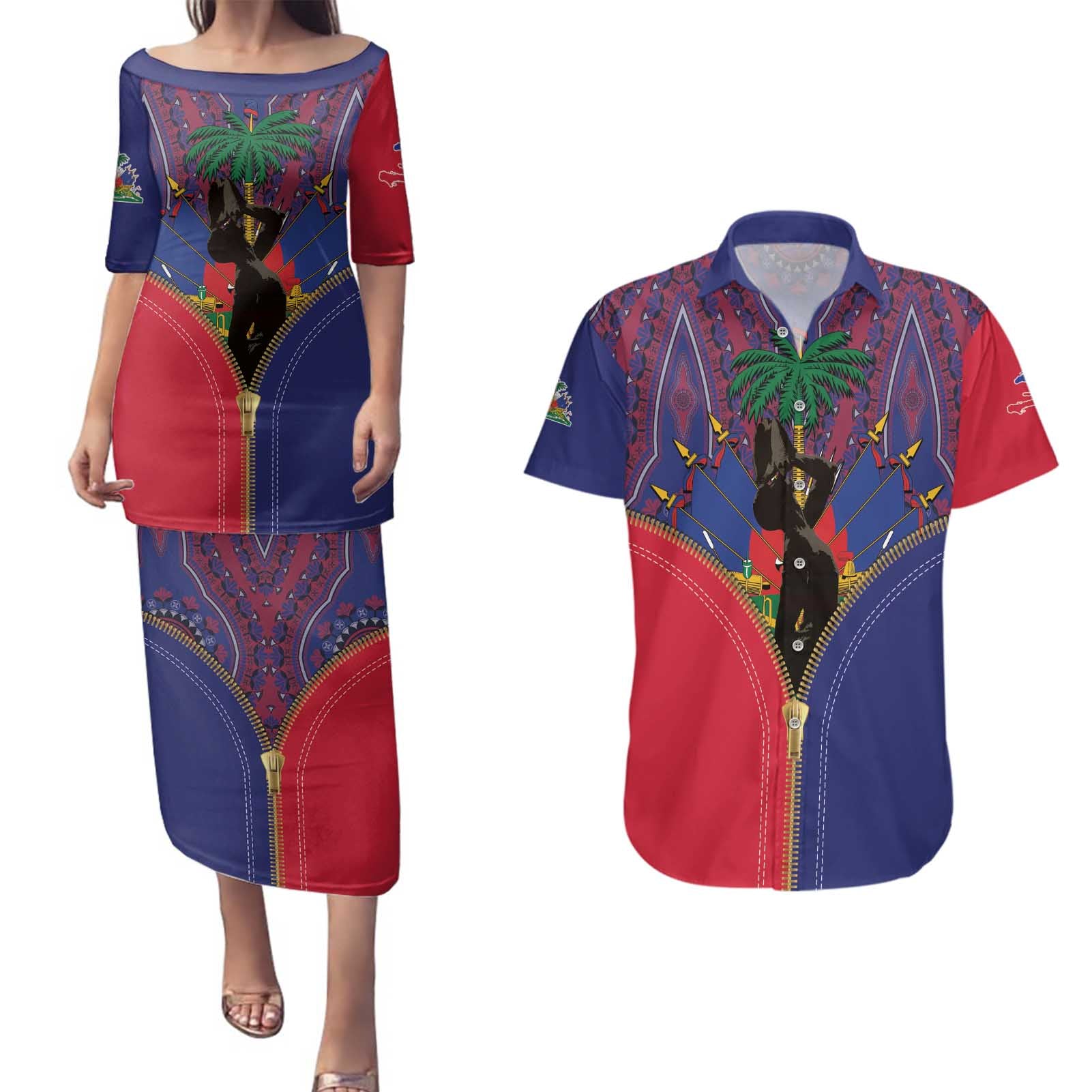 Haiti Heritage Month Couples Matching Puletasi and Hawaiian Shirt Zipper Stylized
