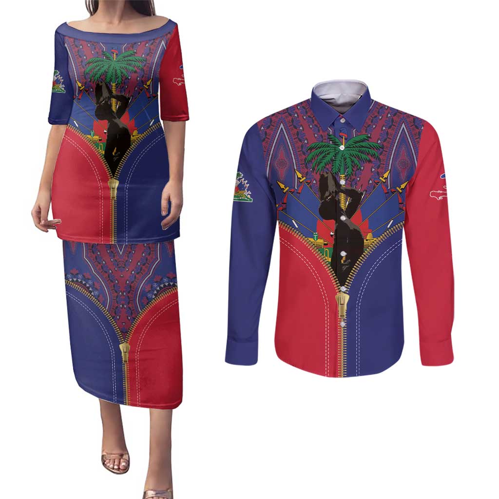 Haiti Heritage Month Couples Matching Puletasi and Long Sleeve Button Shirt Zipper Stylized