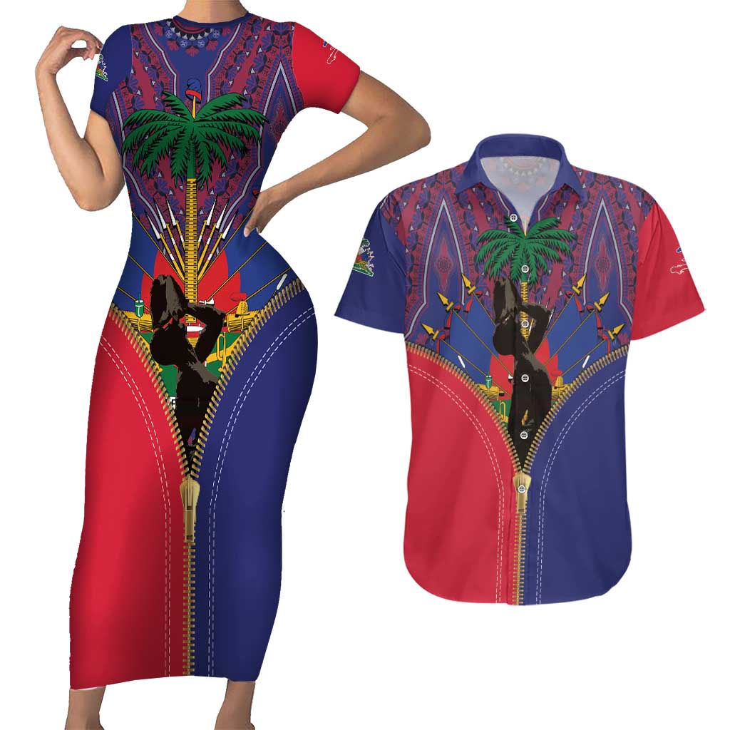 Haiti Heritage Month Couples Matching Short Sleeve Bodycon Dress and Hawaiian Shirt Zipper Stylized