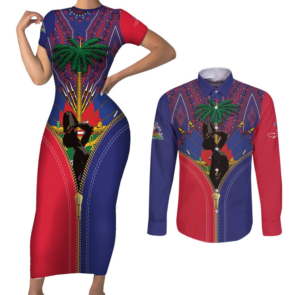 Haiti Heritage Month Couples Matching Short Sleeve Bodycon Dress and Long Sleeve Button Shirt Zipper Stylized