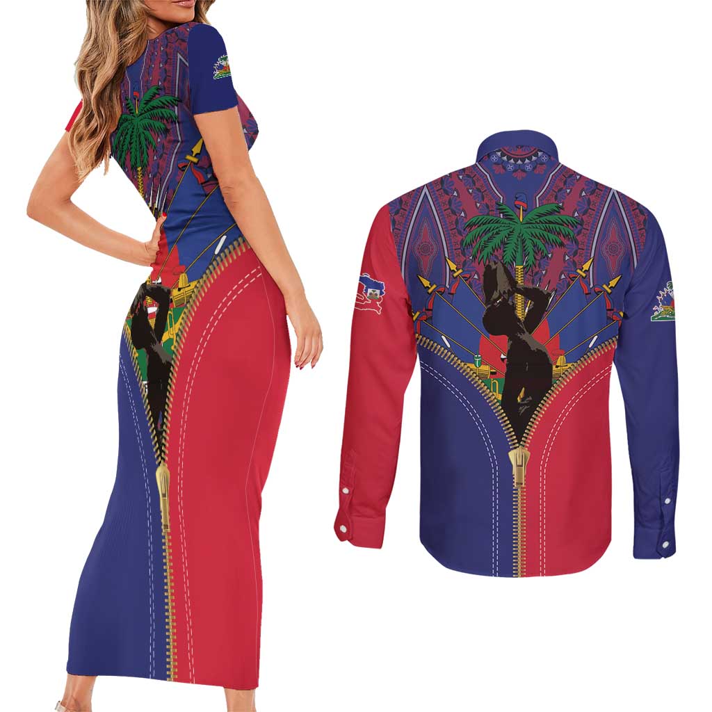 Haiti Heritage Month Couples Matching Short Sleeve Bodycon Dress and Long Sleeve Button Shirt Zipper Stylized