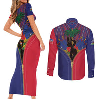 Haiti Heritage Month Couples Matching Short Sleeve Bodycon Dress and Long Sleeve Button Shirt Zipper Stylized