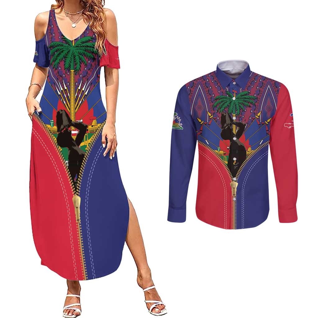 Haiti Heritage Month Couples Matching Summer Maxi Dress and Long Sleeve Button Shirt Zipper Stylized