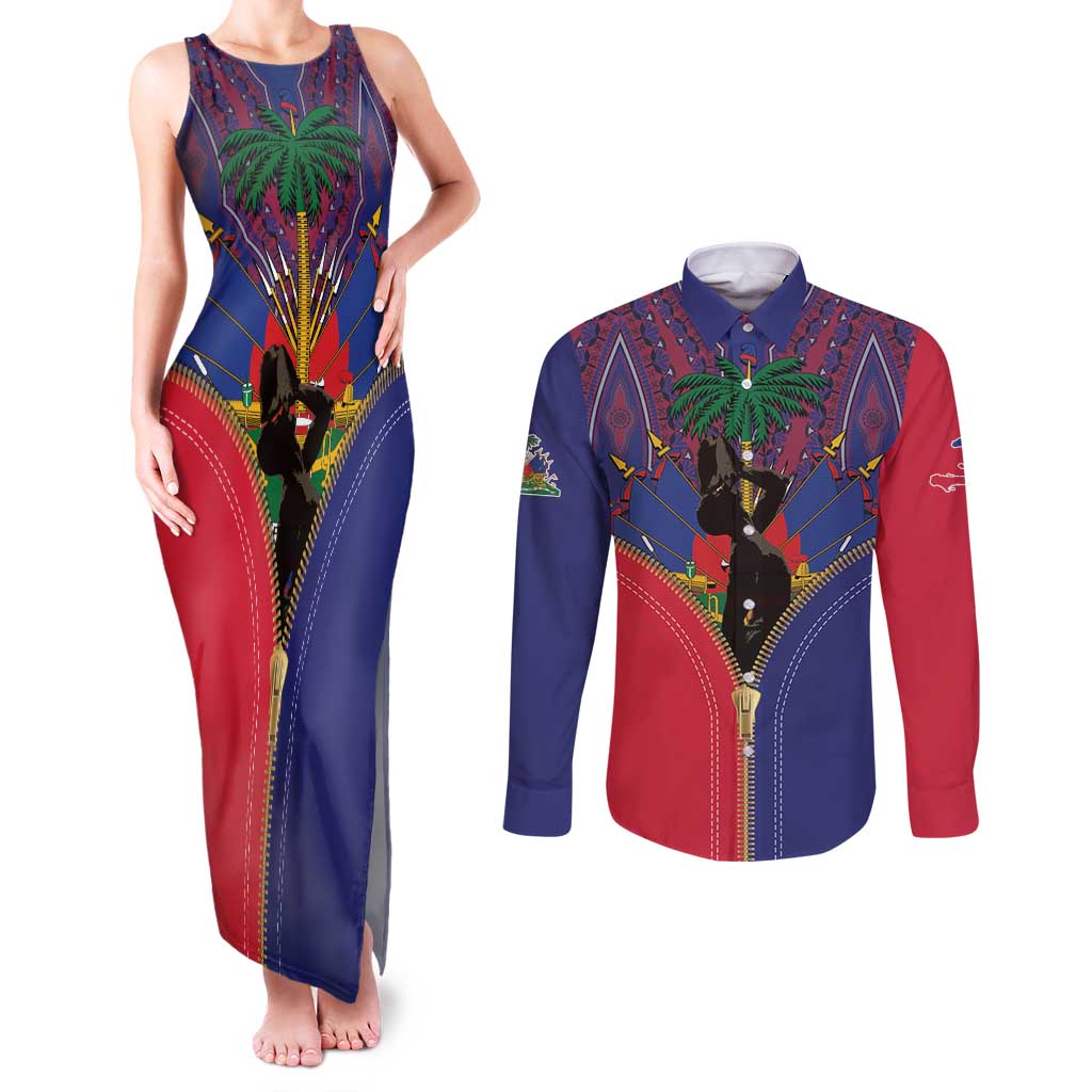 Haiti Heritage Month Couples Matching Tank Maxi Dress and Long Sleeve Button Shirt Zipper Stylized