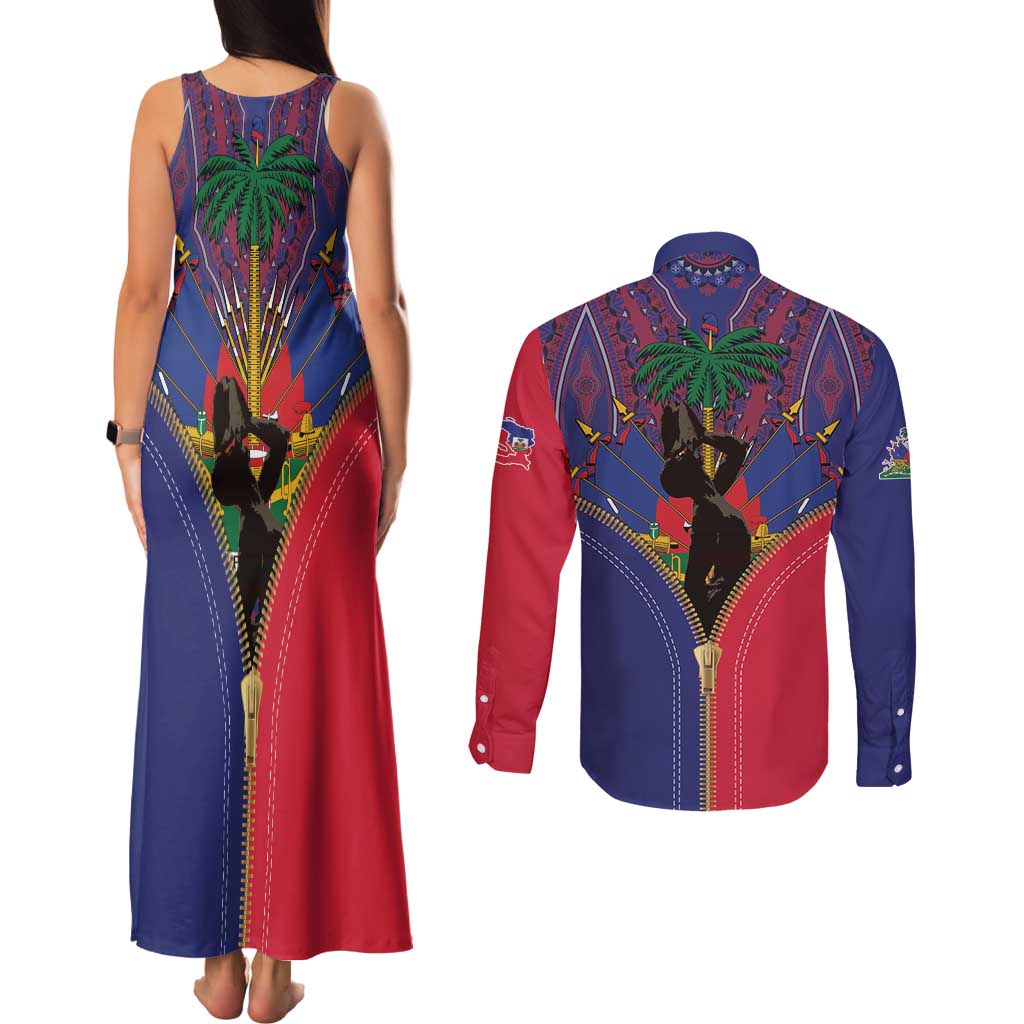 Haiti Heritage Month Couples Matching Tank Maxi Dress and Long Sleeve Button Shirt Zipper Stylized