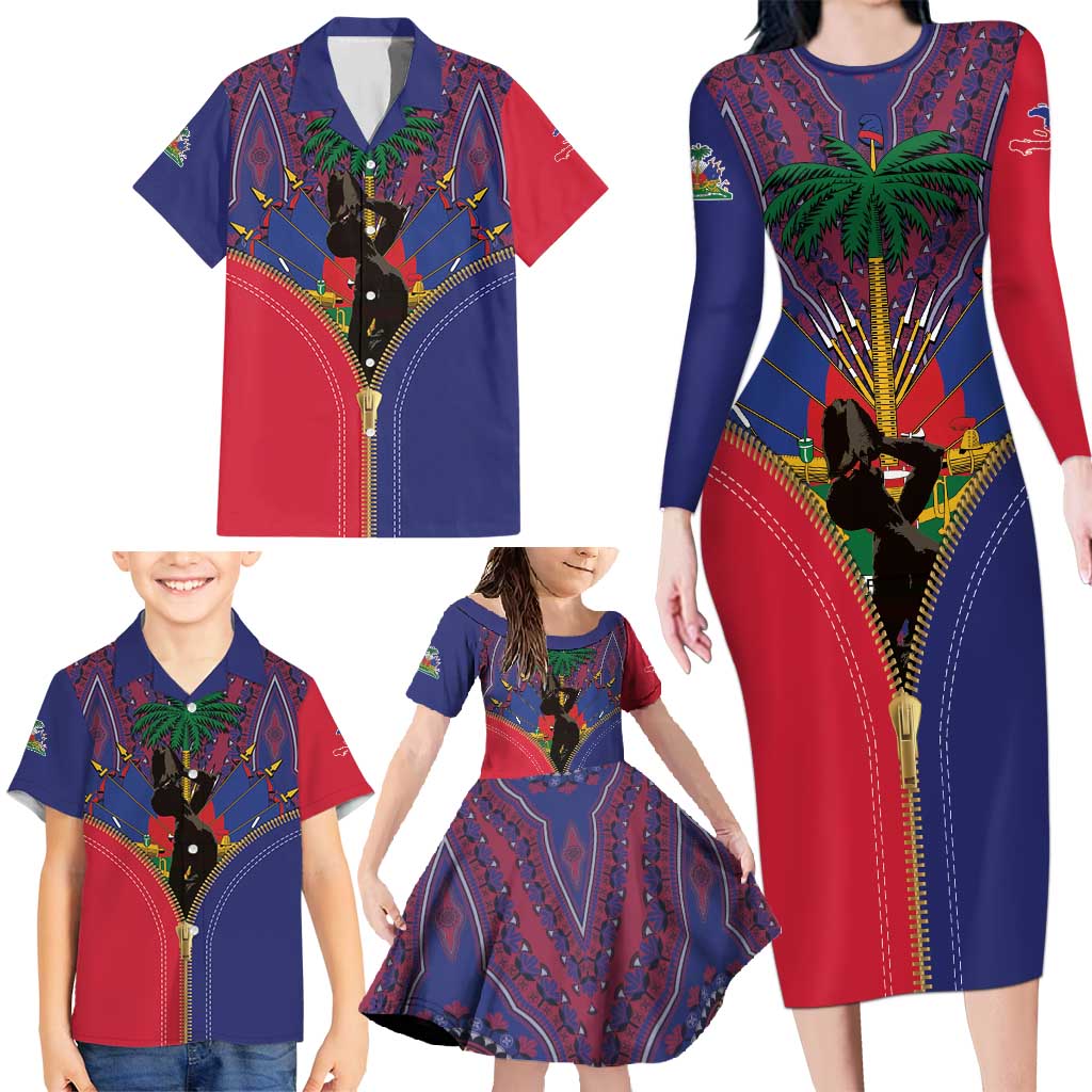 Haiti Heritage Month Family Matching Long Sleeve Bodycon Dress and Hawaiian Shirt Zipper Stylized