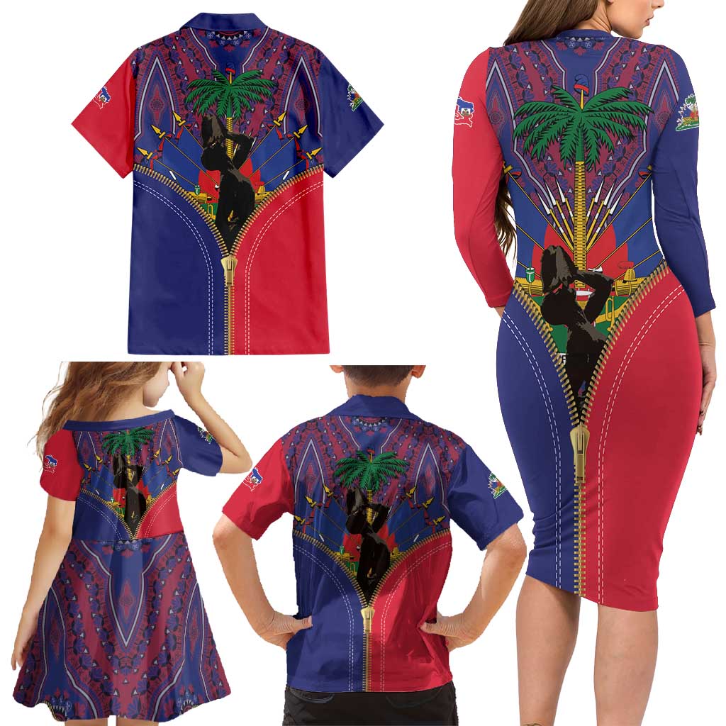 Haiti Heritage Month Family Matching Long Sleeve Bodycon Dress and Hawaiian Shirt Zipper Stylized