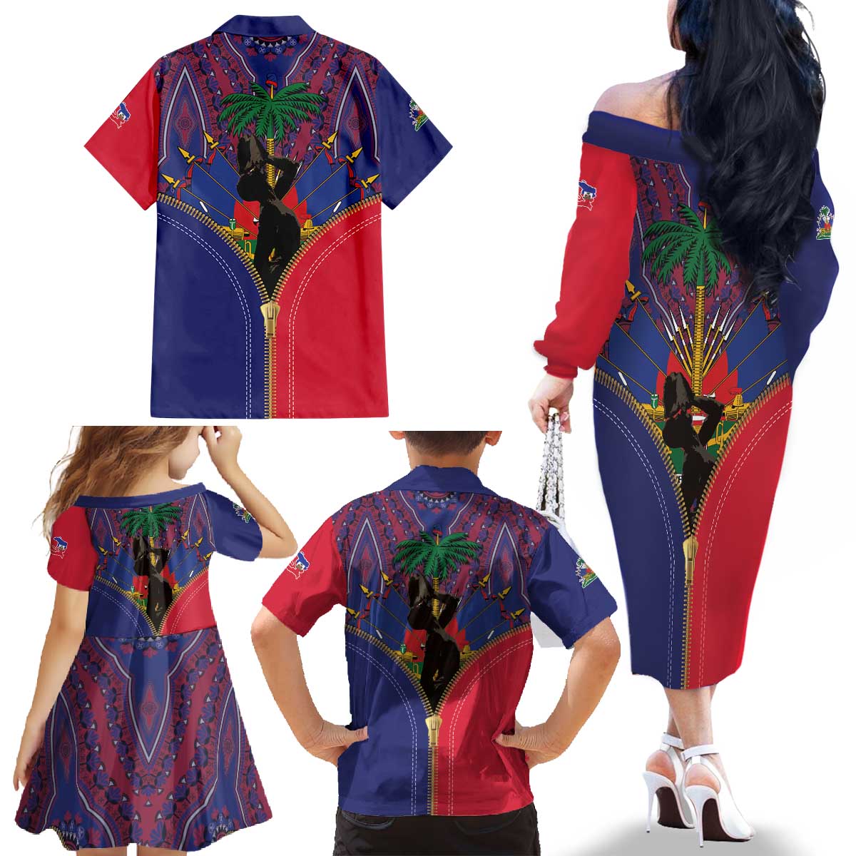 Haiti Heritage Month Family Matching Off The Shoulder Long Sleeve Dress and Hawaiian Shirt Zipper Stylized