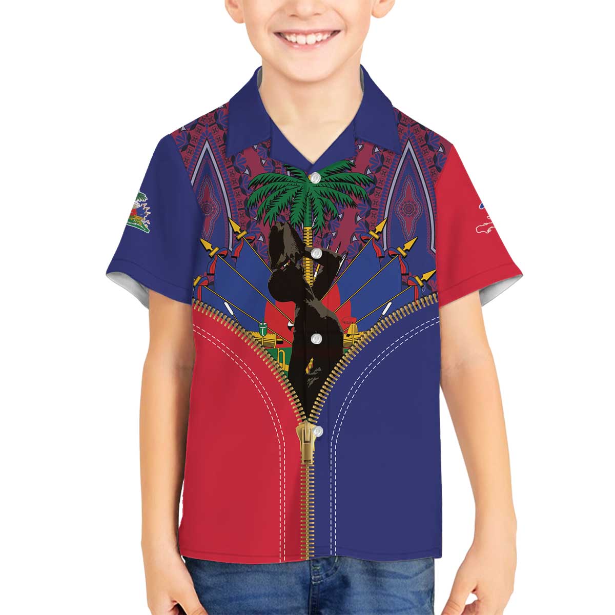 Haiti Heritage Month Family Matching Off The Shoulder Long Sleeve Dress and Hawaiian Shirt Zipper Stylized