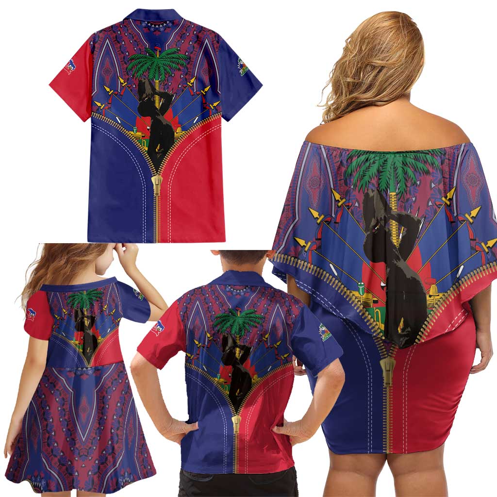 Haiti Heritage Month Family Matching Off Shoulder Short Dress and Hawaiian Shirt Zipper Stylized