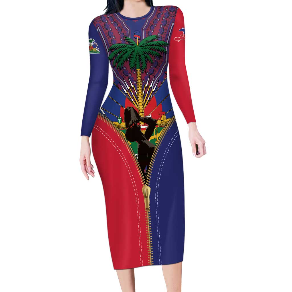 Haiti Heritage Month Long Sleeve Bodycon Dress Zipper Stylized