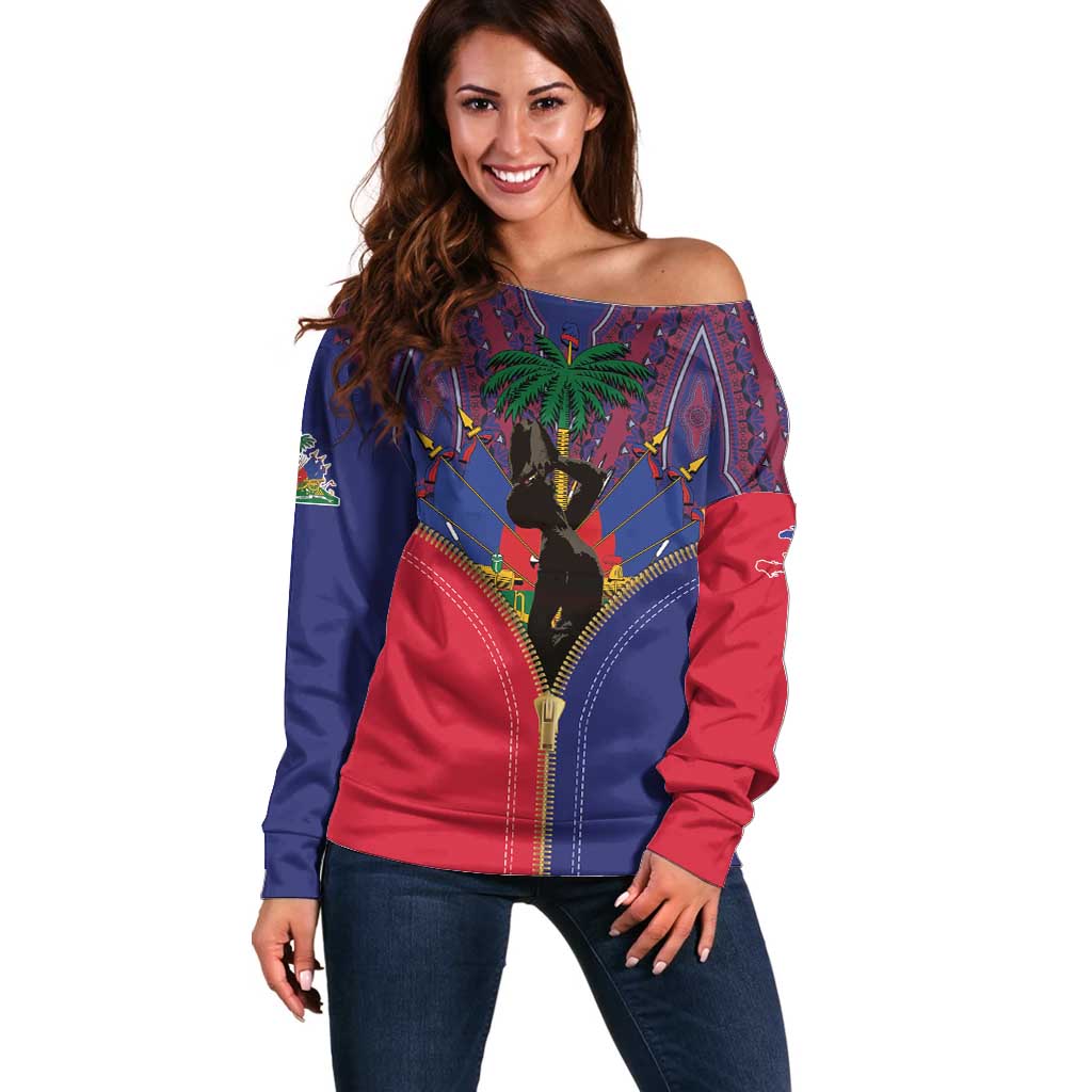 Haiti Heritage Month Off Shoulder Sweater Zipper Stylized