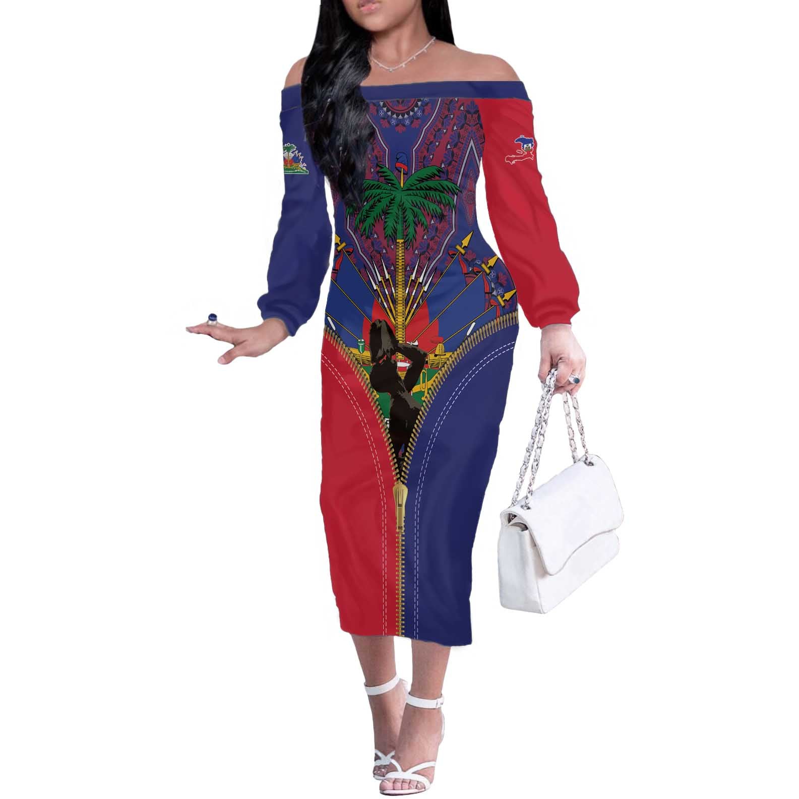 Haiti Heritage Month Off The Shoulder Long Sleeve Dress Zipper Stylized