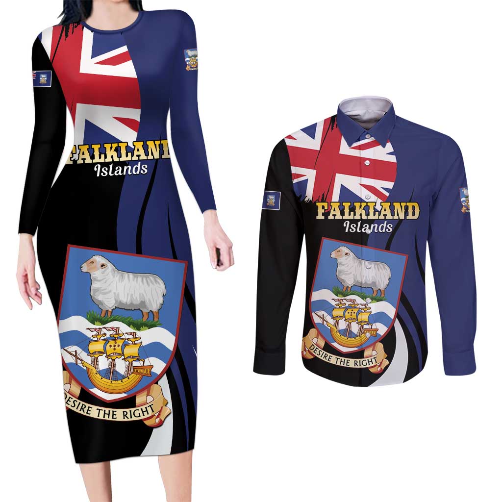 Personalised Falkland Islands Couples Matching Long Sleeve Bodycon Dress and Long Sleeve Button Shirt Desire the Right