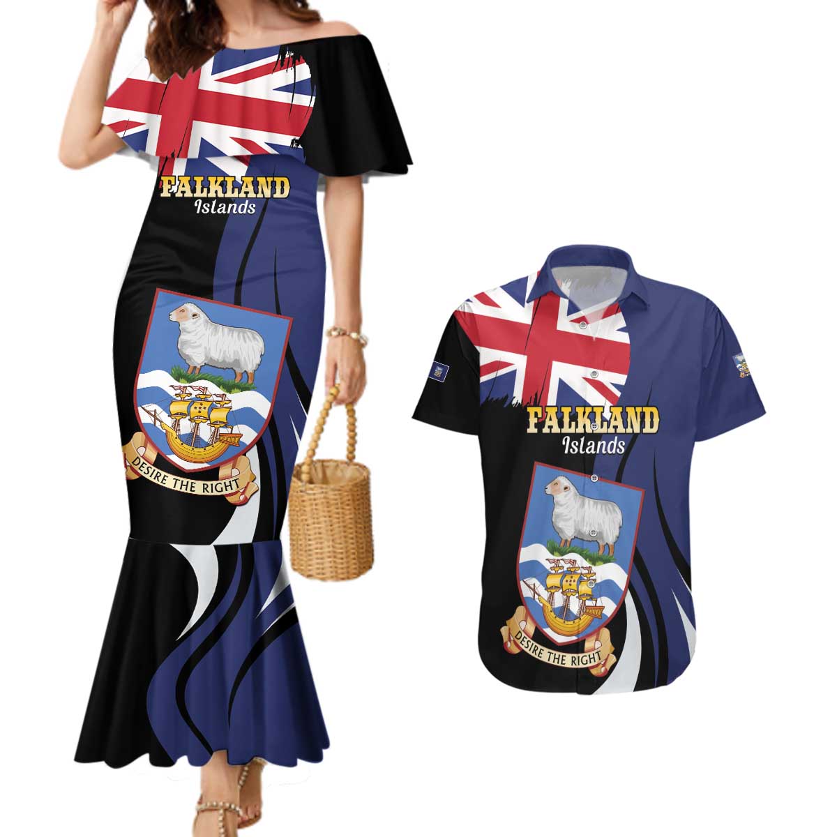 Personalised Falkland Islands Couples Matching Mermaid Dress and Hawaiian Shirt Desire the Right