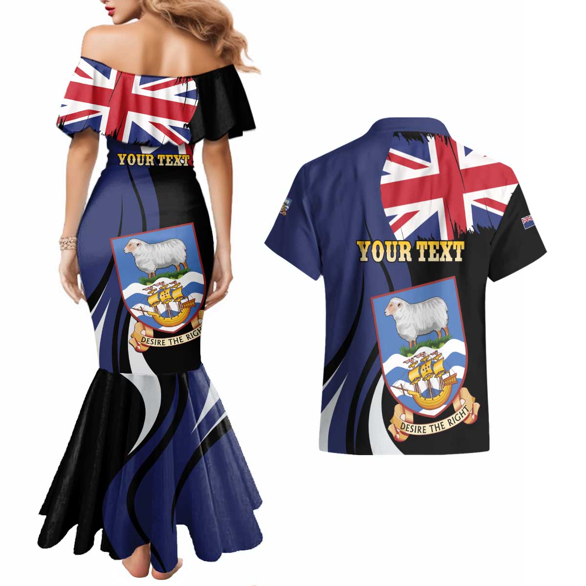 Personalised Falkland Islands Couples Matching Mermaid Dress and Hawaiian Shirt Desire the Right