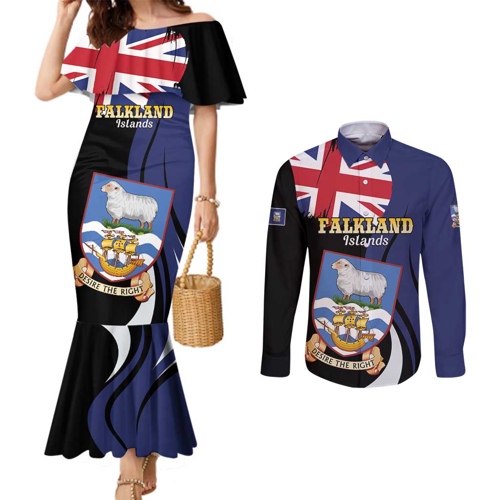 Personalised Falkland Islands Couples Matching Mermaid Dress and Long Sleeve Button Shirt Desire the Right