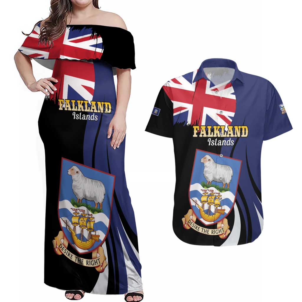 Personalised Falkland Islands Couples Matching Off Shoulder Maxi Dress and Hawaiian Shirt Desire the Right