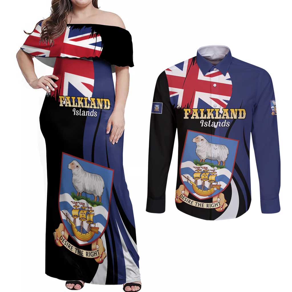 Personalised Falkland Islands Couples Matching Off Shoulder Maxi Dress and Long Sleeve Button Shirt Desire the Right