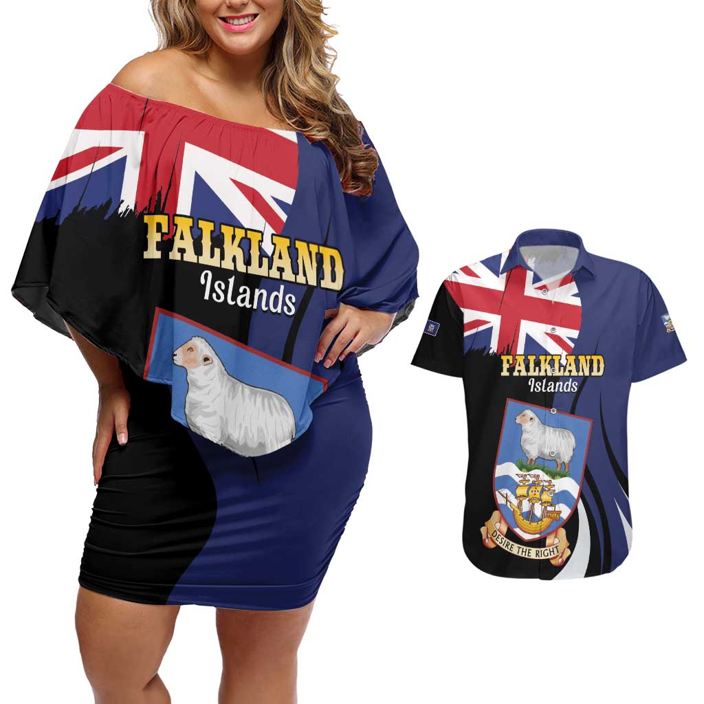 Personalised Falkland Islands Couples Matching Off Shoulder Short Dress and Hawaiian Shirt Desire the Right