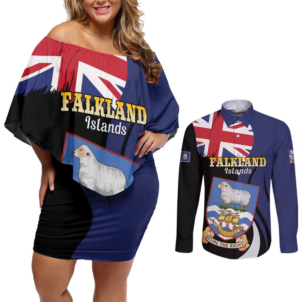 Personalised Falkland Islands Couples Matching Off Shoulder Short Dress and Long Sleeve Button Shirt Desire the Right