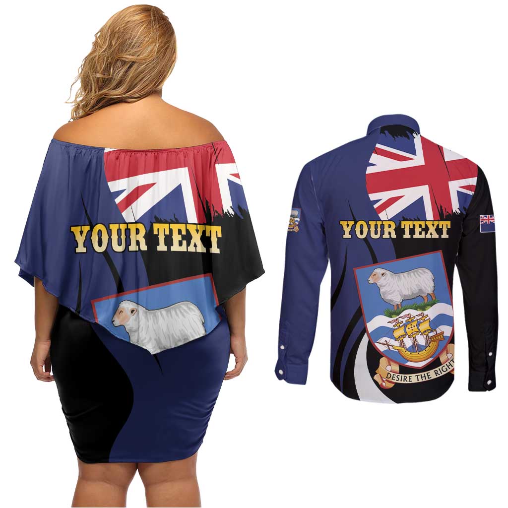 Personalised Falkland Islands Couples Matching Off Shoulder Short Dress and Long Sleeve Button Shirt Desire the Right