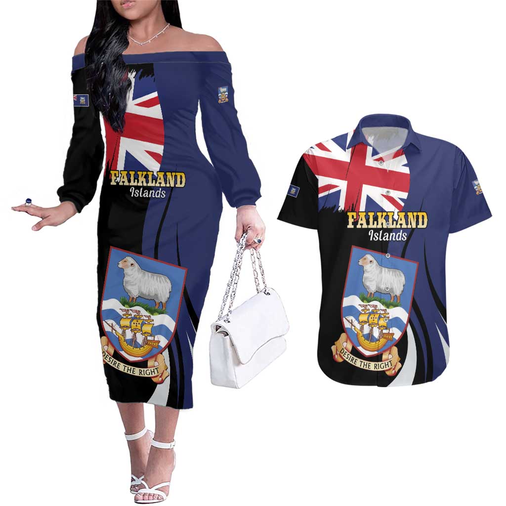Personalised Falkland Islands Couples Matching Off The Shoulder Long Sleeve Dress and Hawaiian Shirt Desire the Right