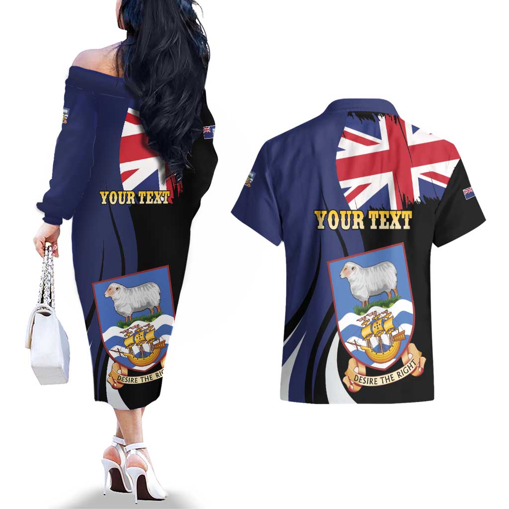 Personalised Falkland Islands Couples Matching Off The Shoulder Long Sleeve Dress and Hawaiian Shirt Desire the Right